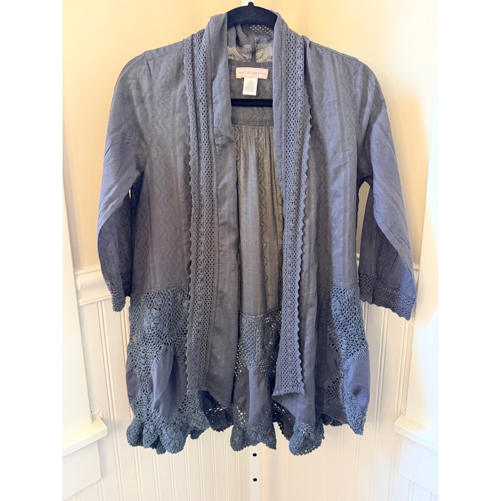 Band of Gypsies Crochet Lace Trim Cotton Open Front Cardigan Charcoal Grey Small